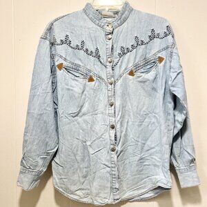 Vintage STYLES TO GO Embroidered Lasso Button Up Blouse Denim Western Shirt Sz 8